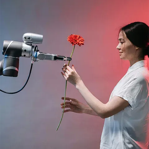 A robotic arm holding flowers, giving them to an Asian woman wearing a white shirt and having black hair. The background is a gradient of red with a gray light illuminating the scene from one side.