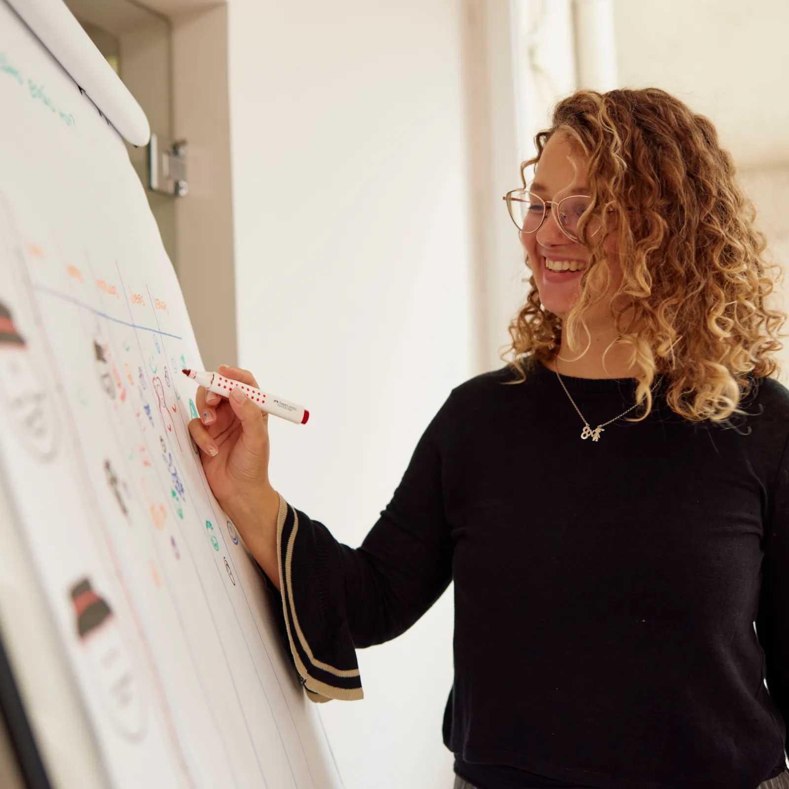 A smiling woman drawing a plan on a flip chart.