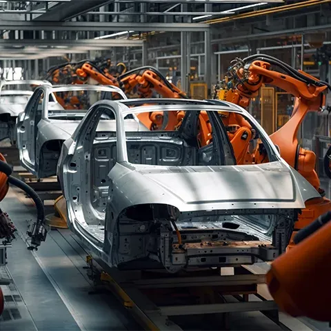 A car factory with robotic arms working on cars. The exterior of the new energy vehicles is white and silver in an industrial-style environment.