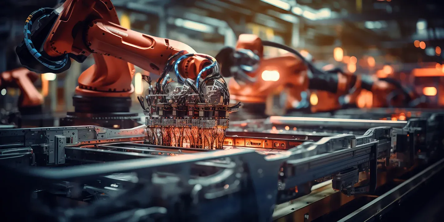 A robotic arm is moving the parts of an electric vehicle on a production line, symbolizing advanced technology in the automotive industry.