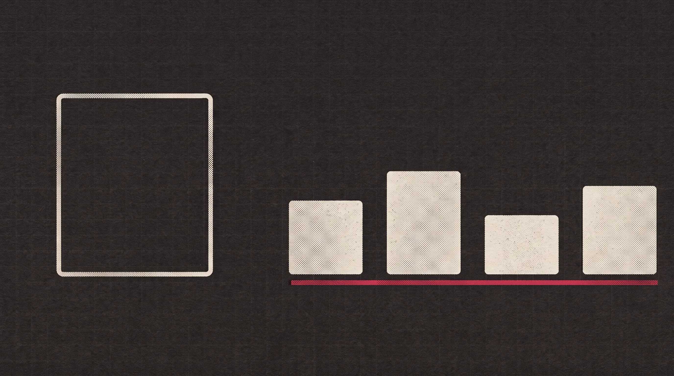 A large empty outlined rectangle on a dark grid beside four smaller solid bars standing on a red rule