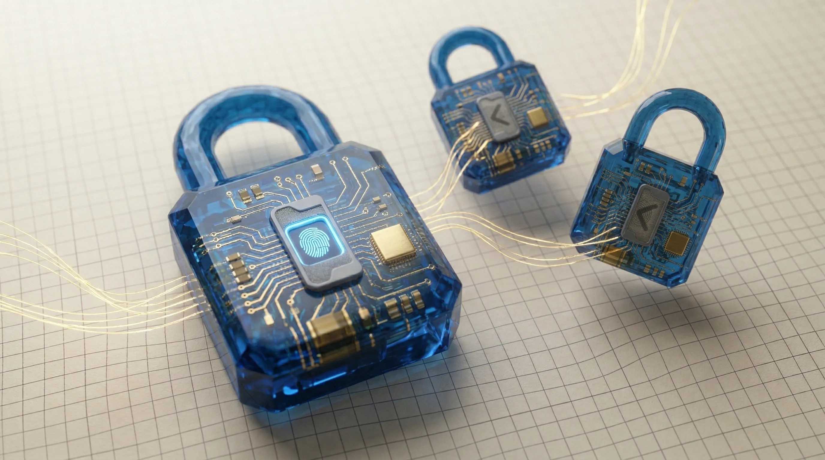 Three crystalline blue padlocks connected by golden threads with fingerprint sensor on a grid background