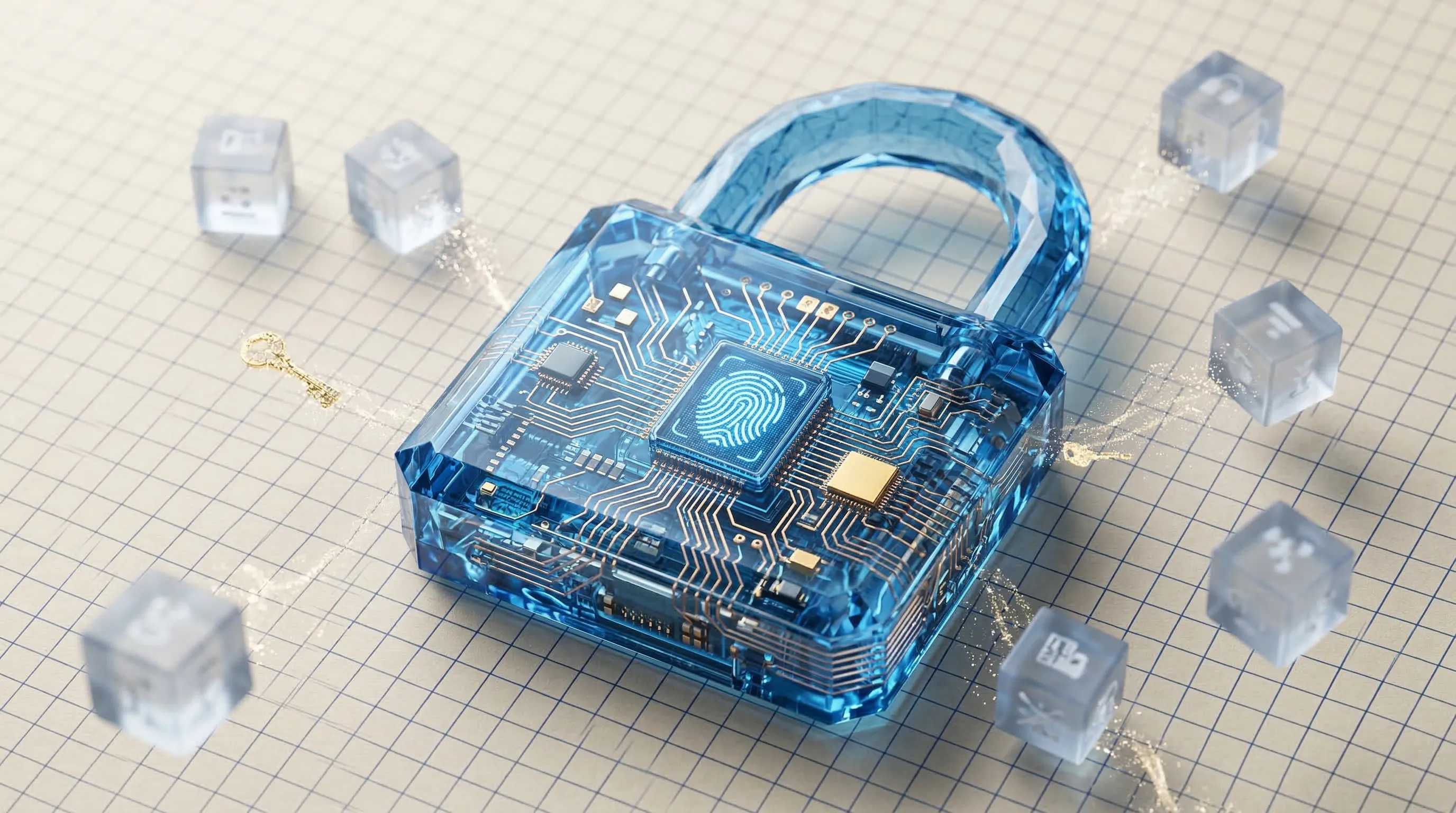 Crystalline blue padlock with circuit board internals and fingerprint sensor on a grid background, symbolizing secure secret management
