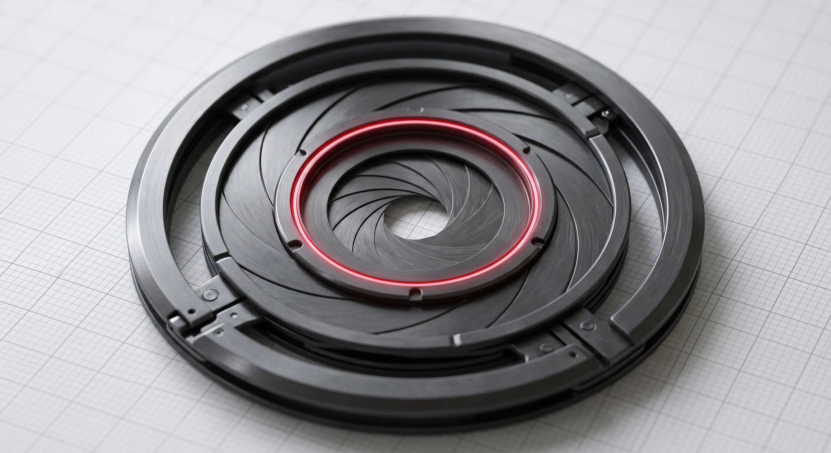 Abstract layered aperture mechanism with a glowing red inner ring, representing a control layer with an exit ramp