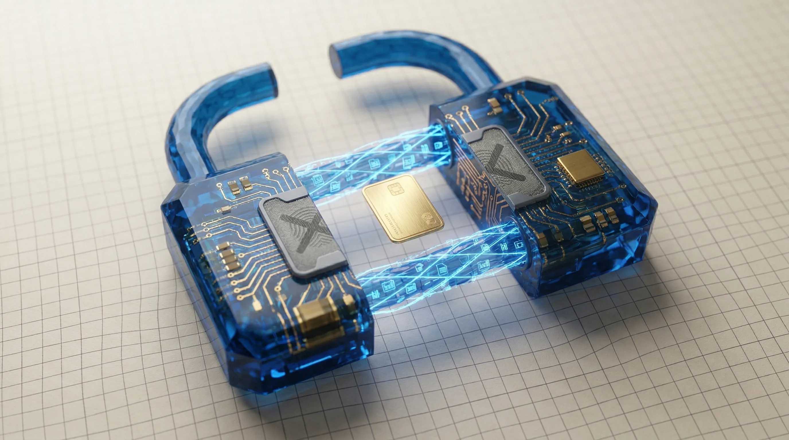 Crystalline blue padlock split in half with glowing encrypted tunnel and golden token card on a grid background