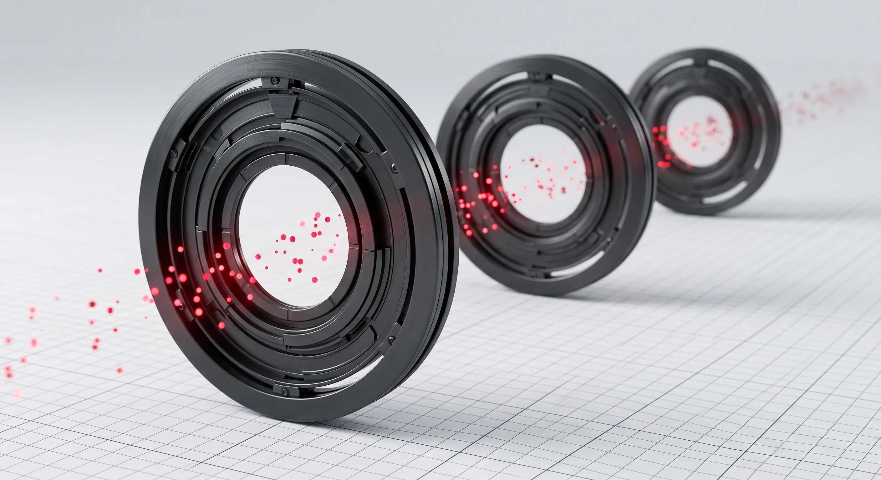 Three receding gate mechanisms with glowing red particles passing through each checkpoint in sequence