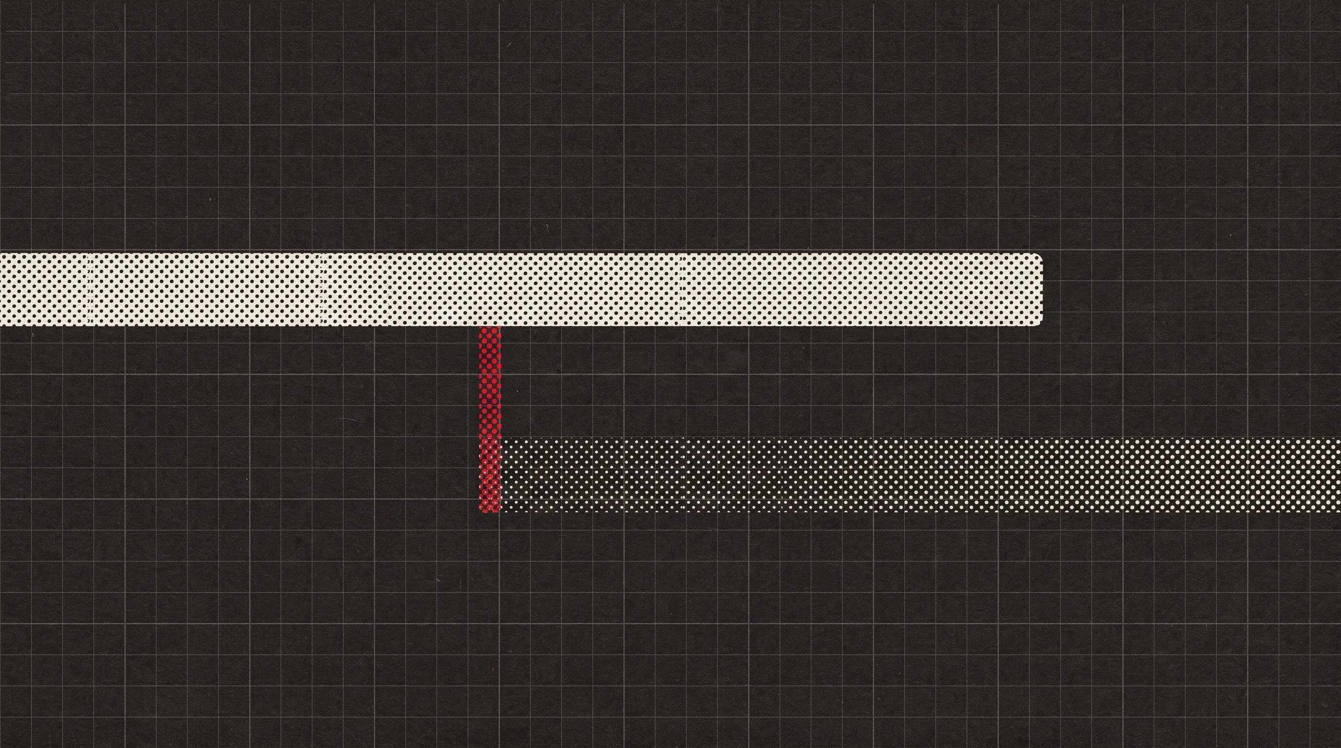 Two horizontal bars on a dark grid, a bright one above and a dimmer one starting later below, joined by a short red connector