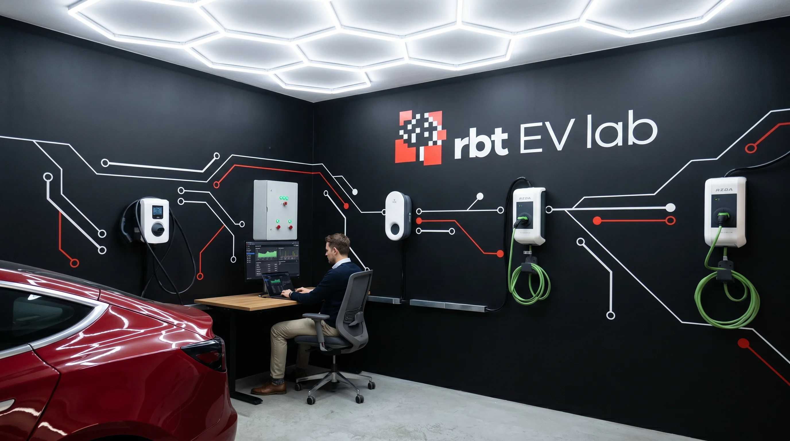 The RBT EV Lab: multiple wall-mounted chargers and a test vehicle in a branded lab room.