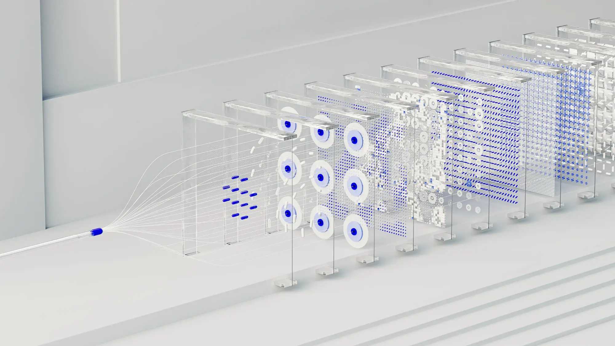 3D rendering of a digital hologram depicting an air flow diagram with multiple layers and transparent glass blocks displaying data visualizations. Blue dots represent flowing particles in the composition, set against a long white tabletop with a grey background.
