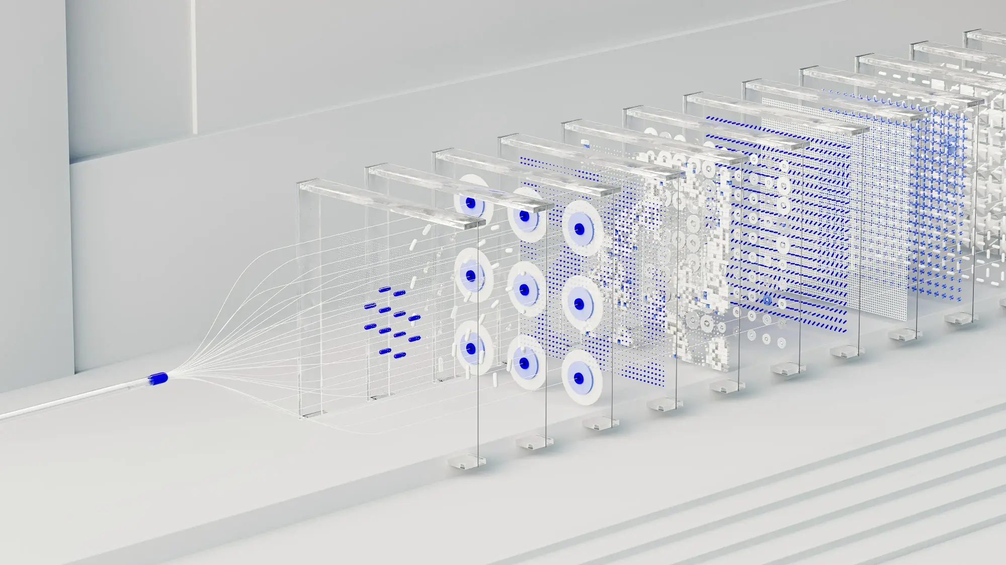 3D rendering of a digital hologram depicting an air flow diagram with multiple layers and transparent glass blocks displaying data visualizations. Blue dots represent flowing particles in the composition, set against a long white tabletop with a grey background.