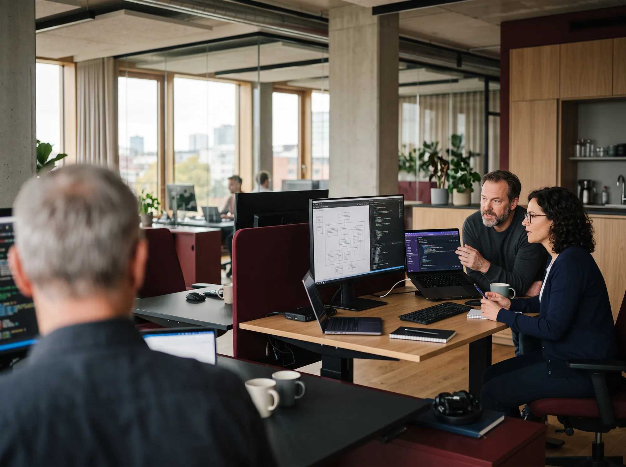 Two engineers reviewing code together on desktop monitors in an office.