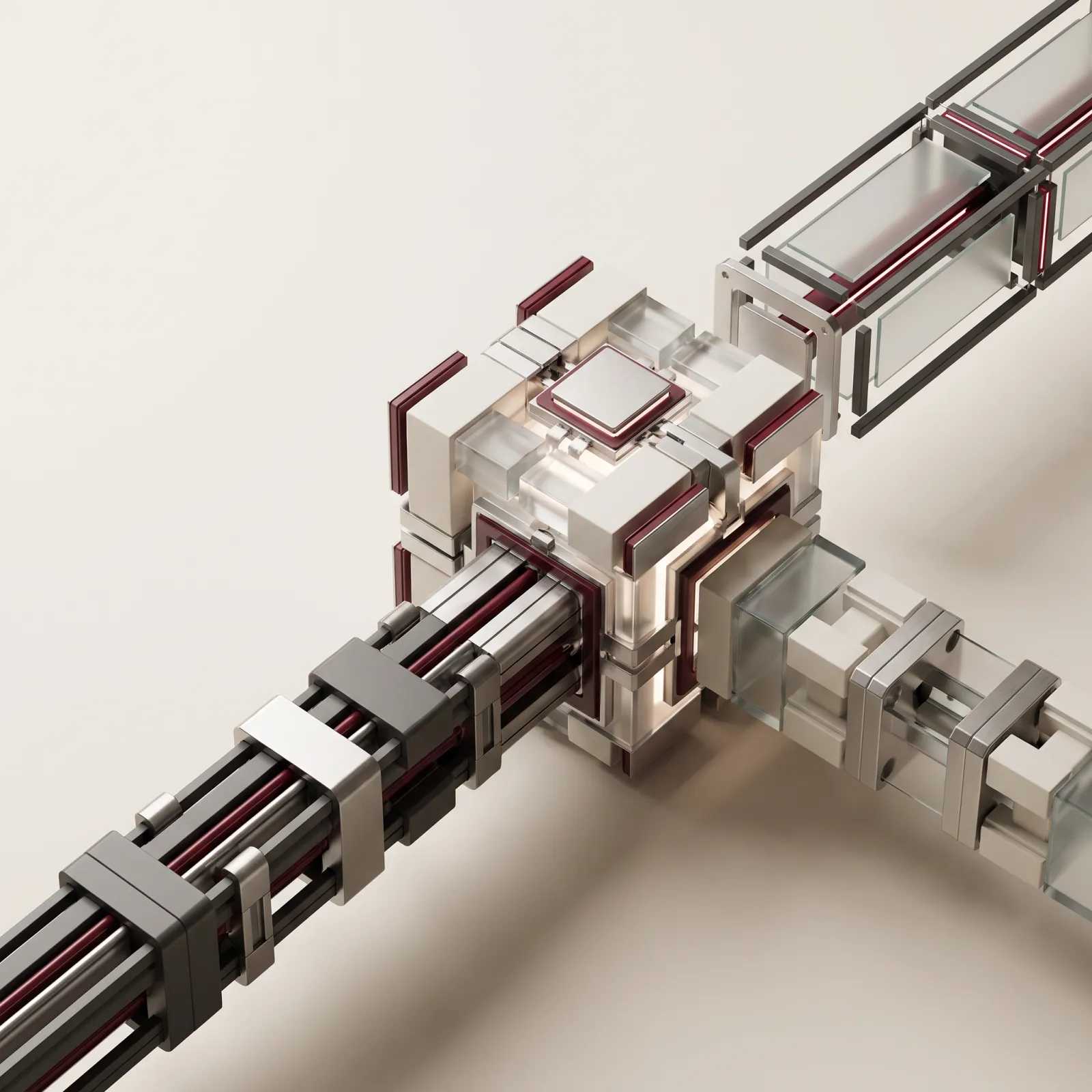 A render of a junction where three channels of cabling meet.
