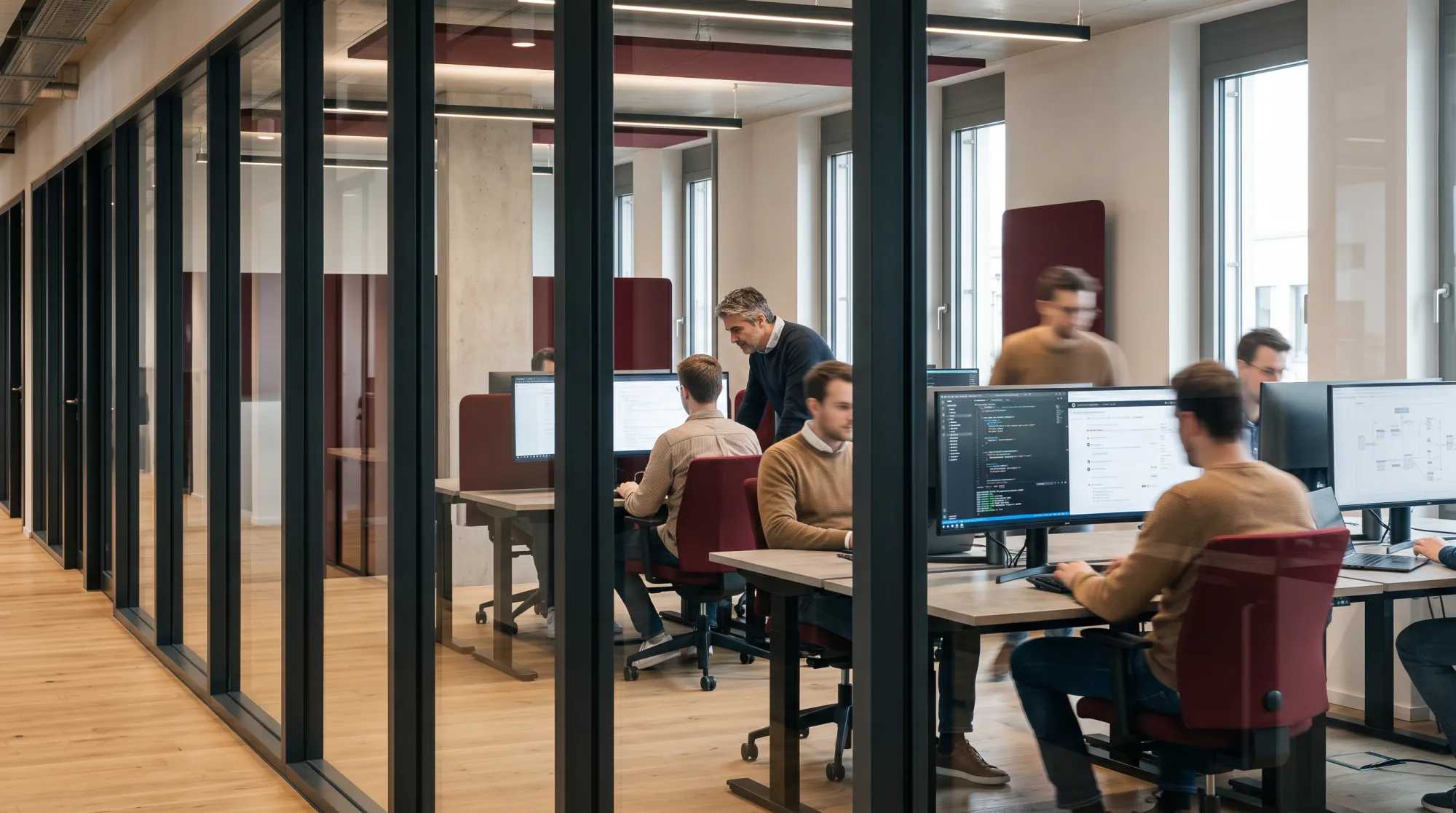 Engineers working at desks with code on their monitors, in an office divided by glass partitions.