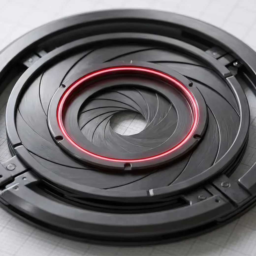 A render of a black mechanical iris ringed with red light.