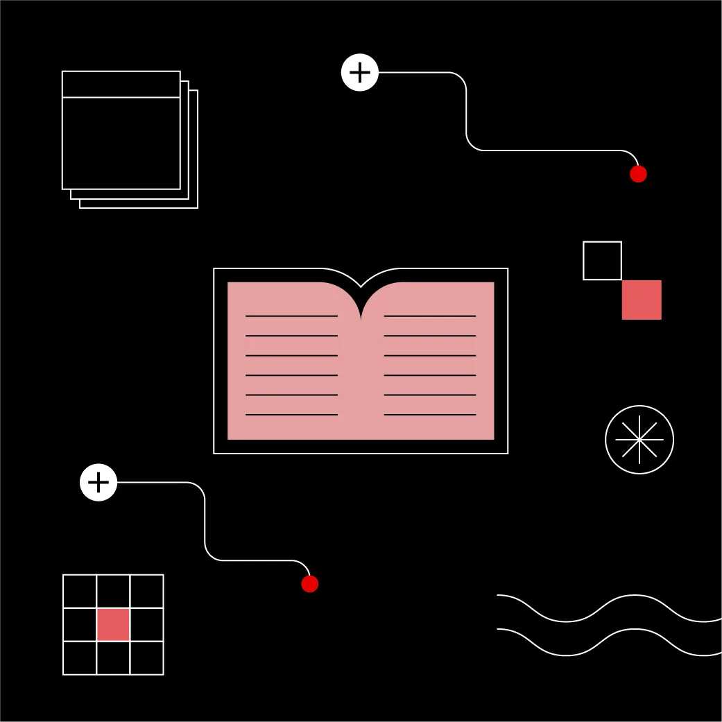A stylized open book at the center symbolizes knowledge-sharing, surrounded by abstract shapes and lines that suggest structure, connection, and creative flow.