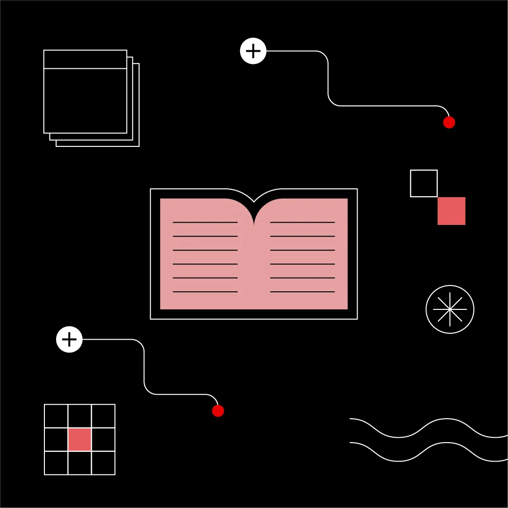 A stylized open book at the center symbolizes knowledge-sharing, surrounded by abstract shapes and lines that suggest structure, connection, and creative flow.