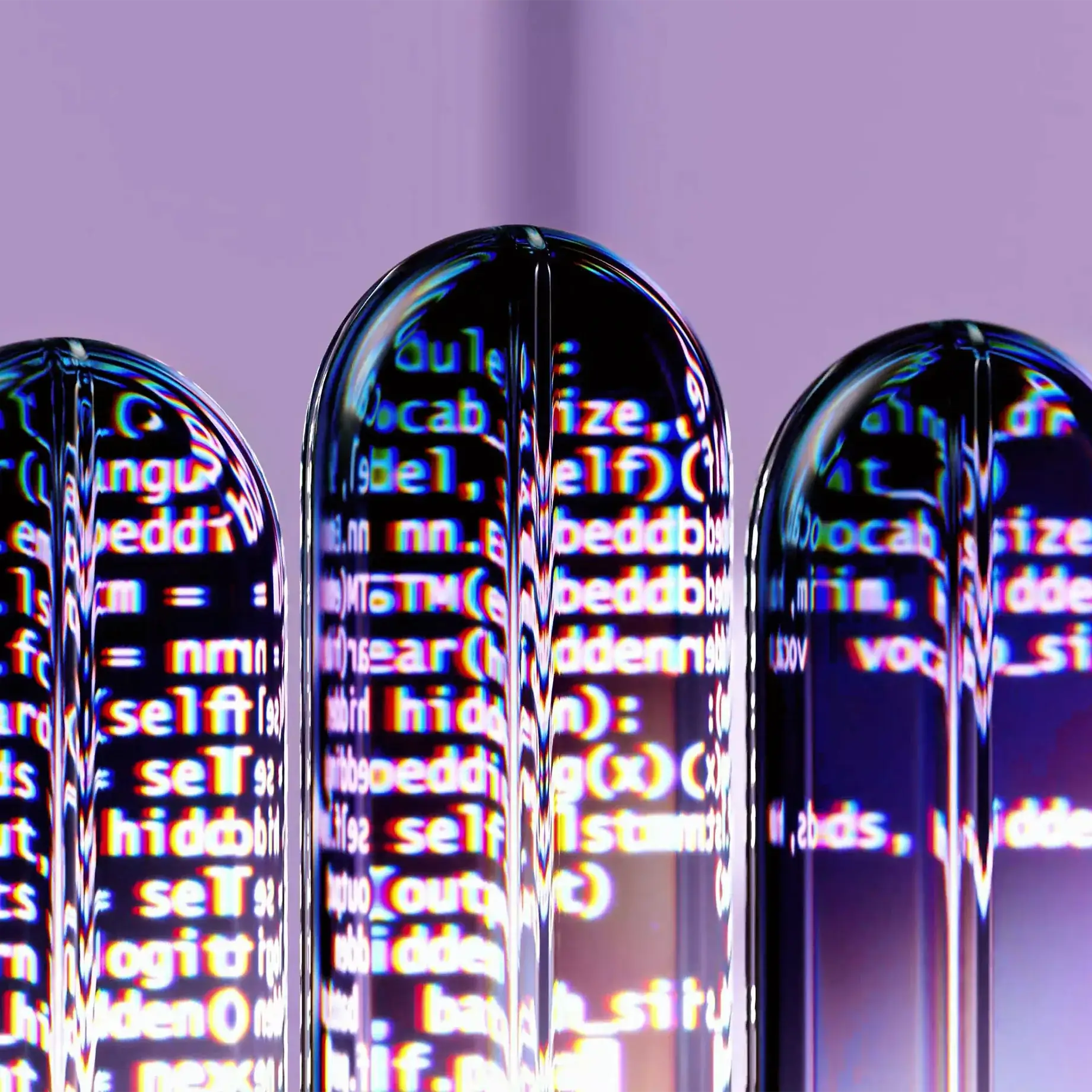 Three glass tubes filled with holographic code, against a violet background, captured in a close-up, macro photograph.