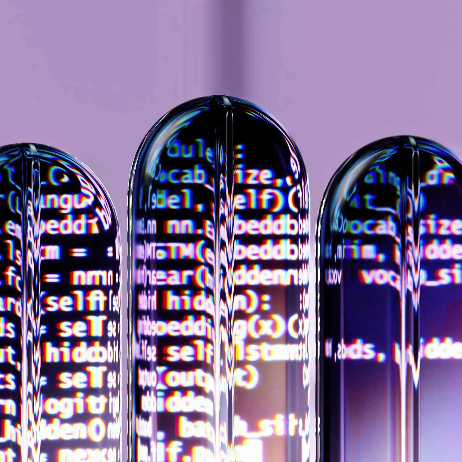Three glass tubes filled with holographic code, against a violet background, captured in a close-up, macro photograph.