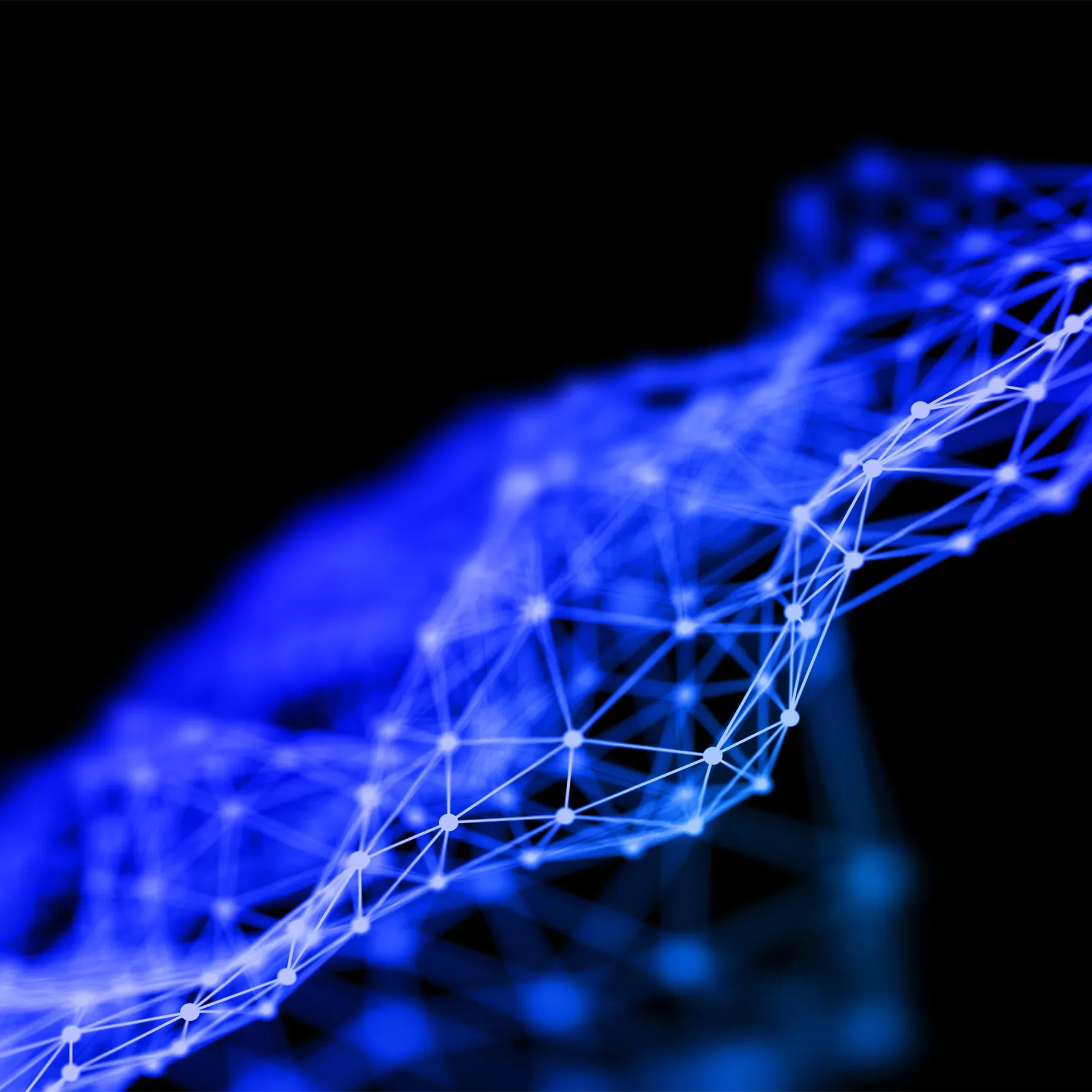 Abstract blue digital background with connected dots and lines forming a dynamic wave shape, a technology concept for the internet of things or big data connection. Black background, 3D rendering illustration