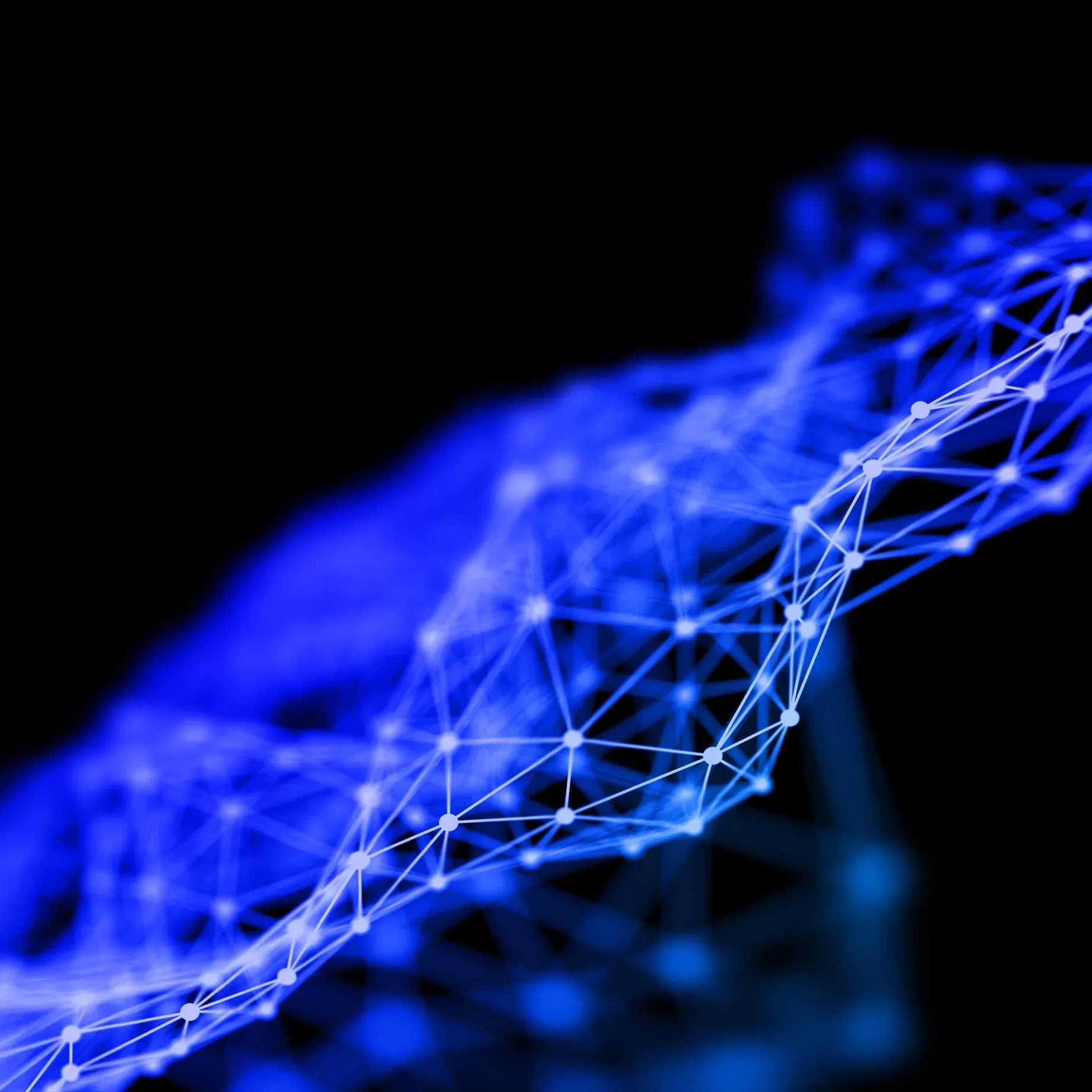 Abstract blue digital background with connected dots and lines forming a dynamic wave shape, a technology concept for the internet of things or big data connection. Black background, 3D rendering illustration