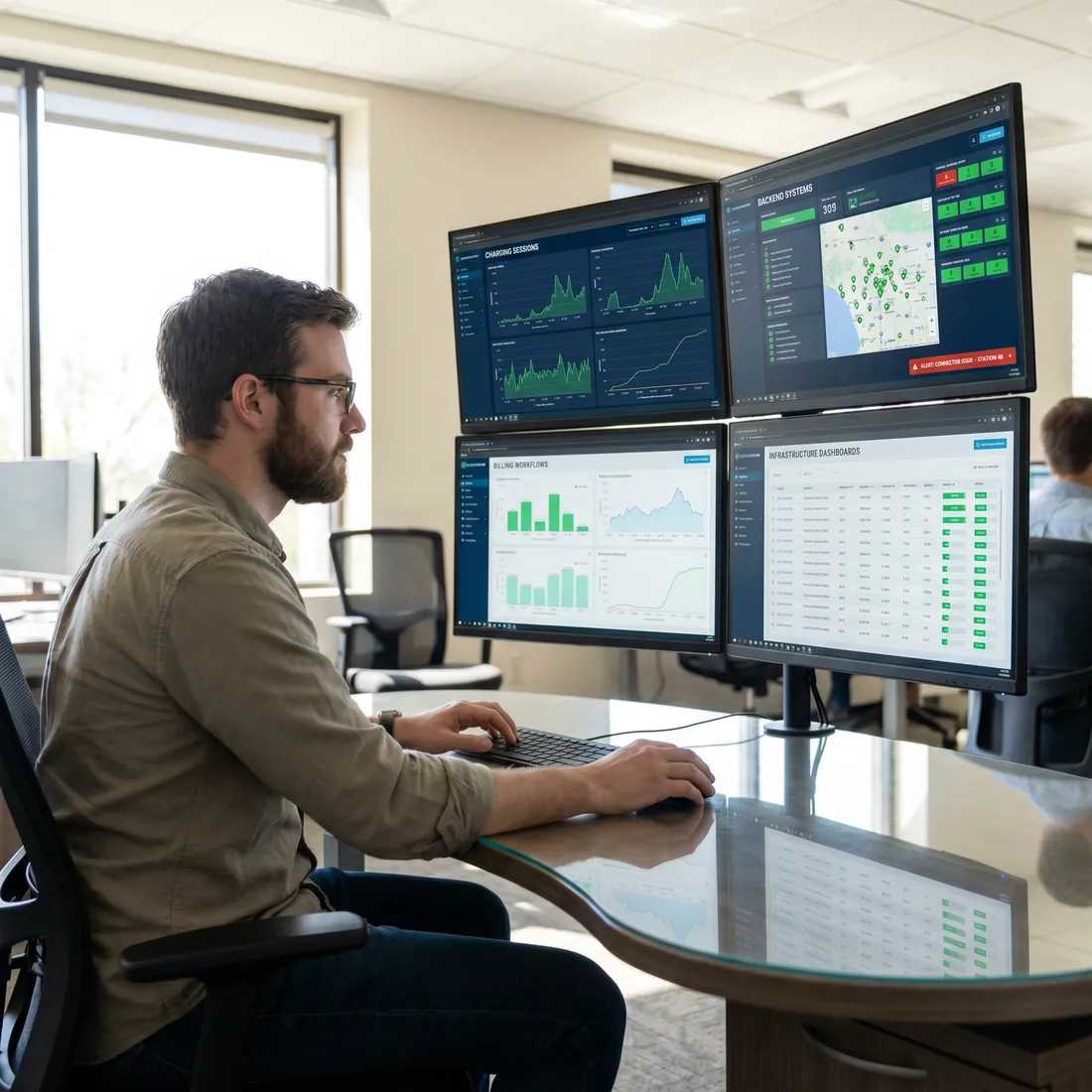 An engineer monitoring charging telemetry across multiple screens.