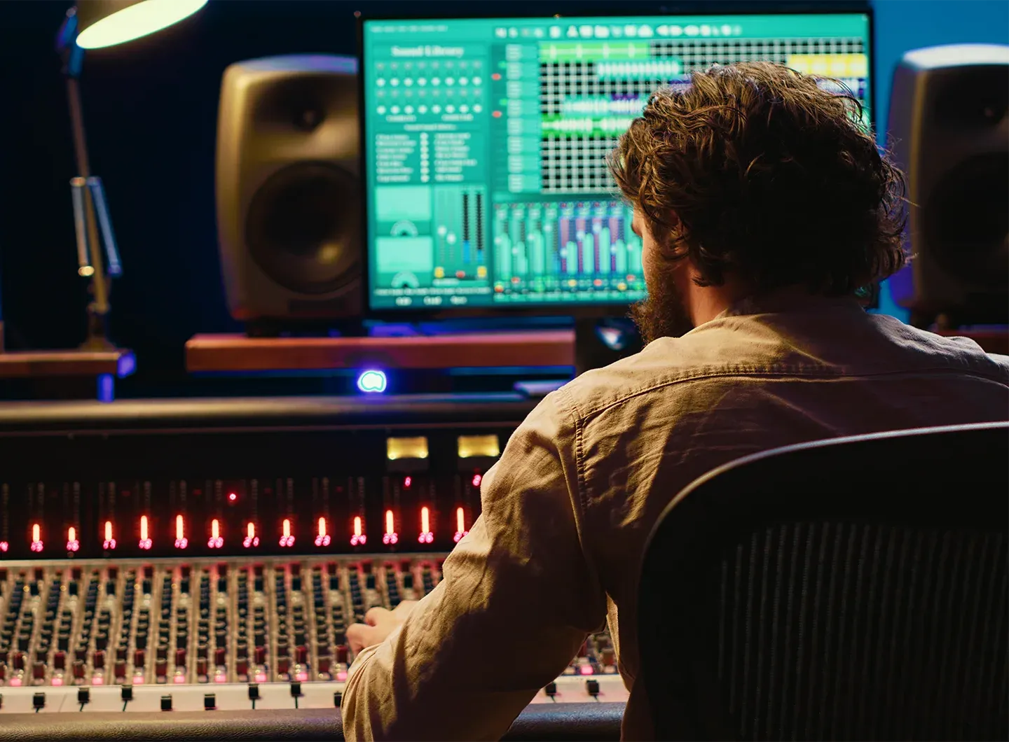 A music studio with a sound booth. A man sitting at the mixing console and working on a computer screen in front of him.