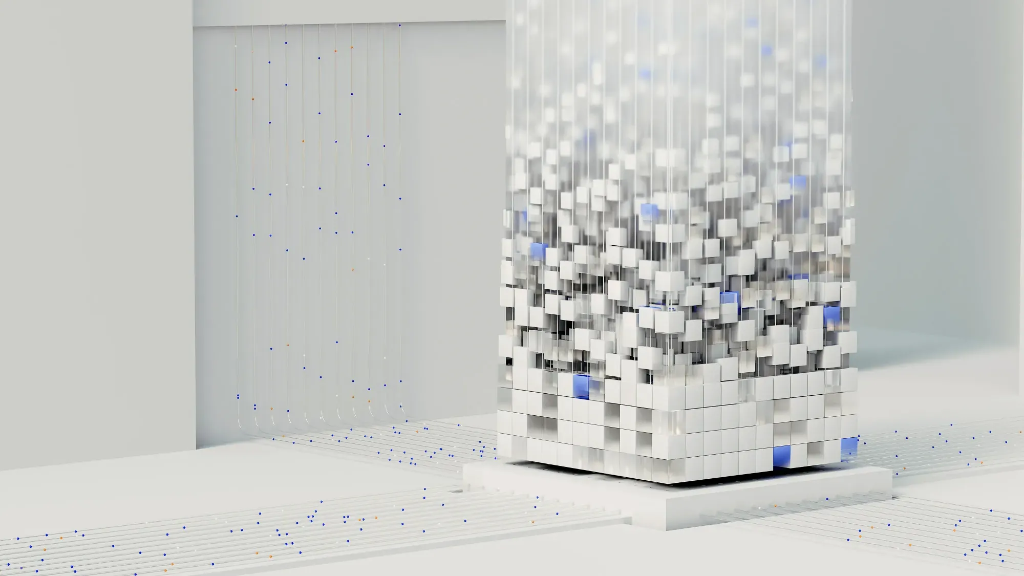 A white room with data points and digital blocks, a 3D rendering of a tower made up of cubes in shades of gray, with blue accents on the cube edges, data flowing from one side to another, against a white background.