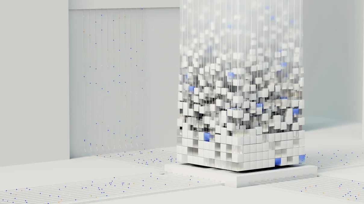 A white room with data points and digital blocks, a 3D rendering of a tower made up of cubes in shades of gray, with blue accents on the cube edges, data flowing from one side to another, against a white background.