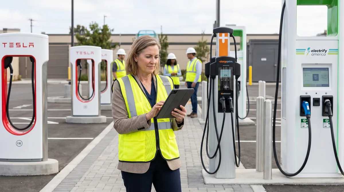 A field engineer inspecting a public charging station.