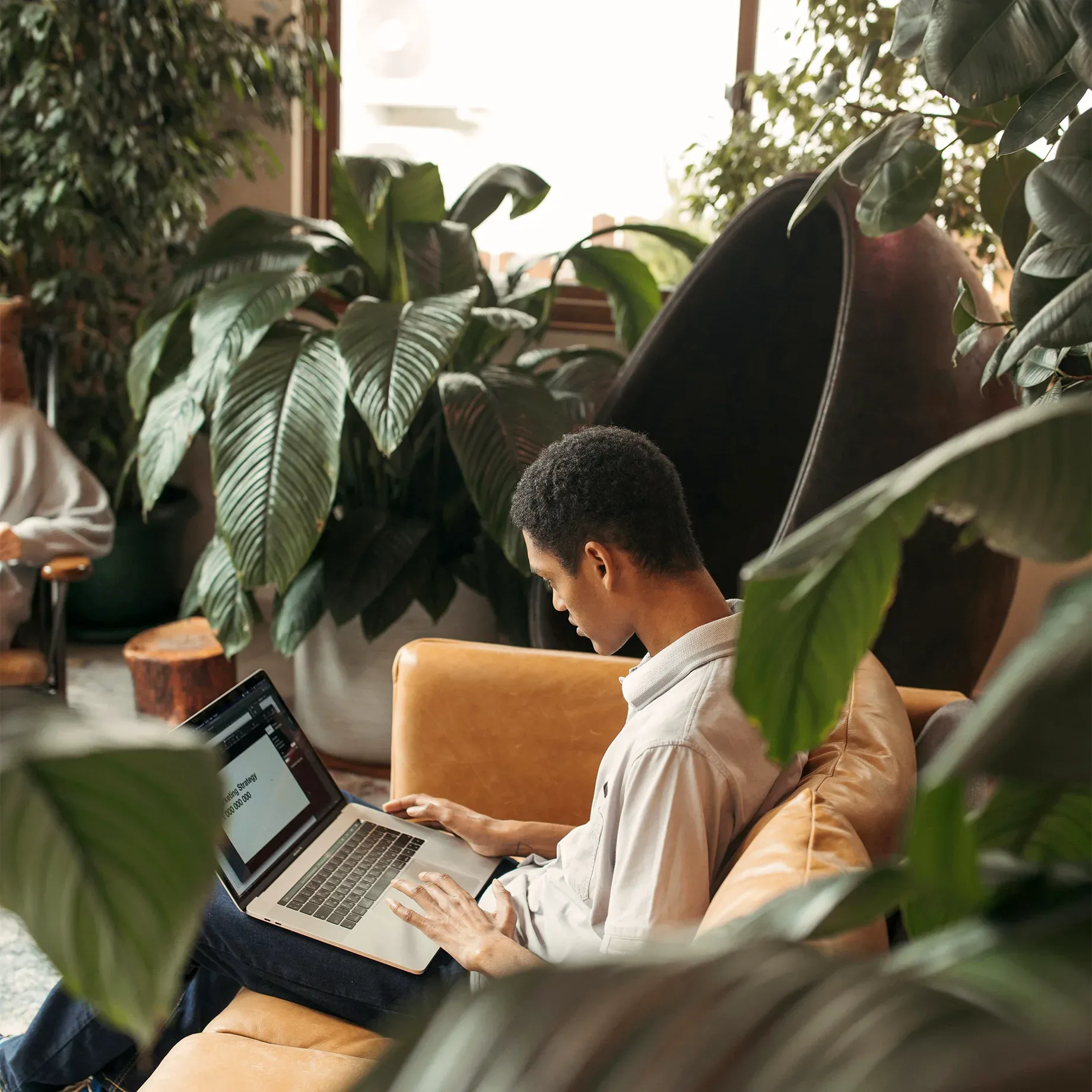 A young man is sitting on the sofa in an office, using his laptop computer and surrounded by green plants.