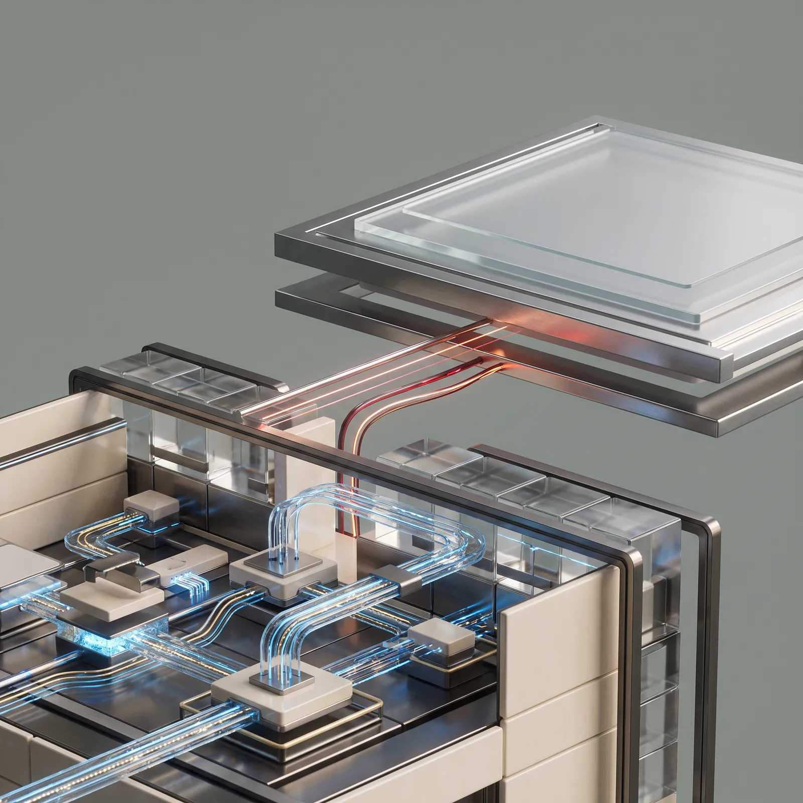 A cutaway render of a circuit board with lit data paths running through it.