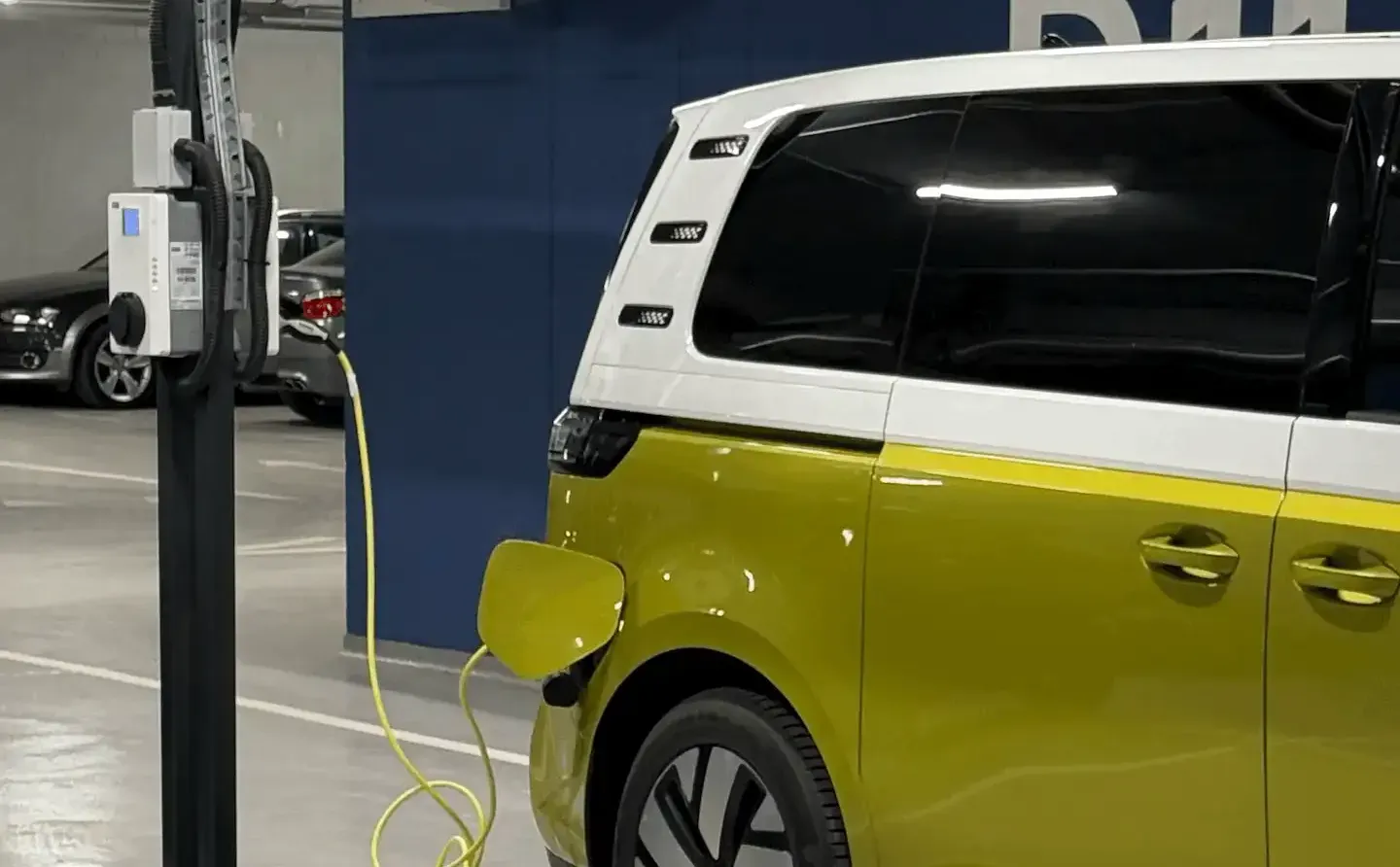 Close-up of an electric car charging.