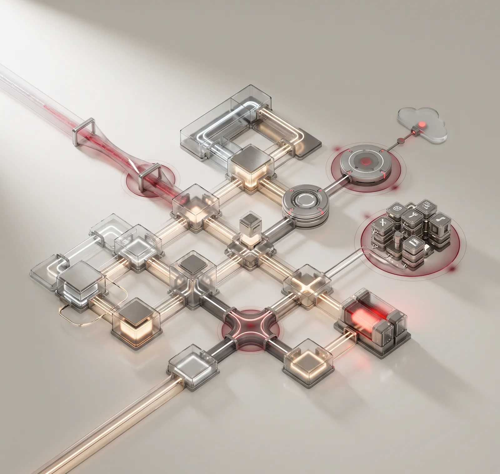 A render of connected modules laid out on a pale surface, with one node lit red.
