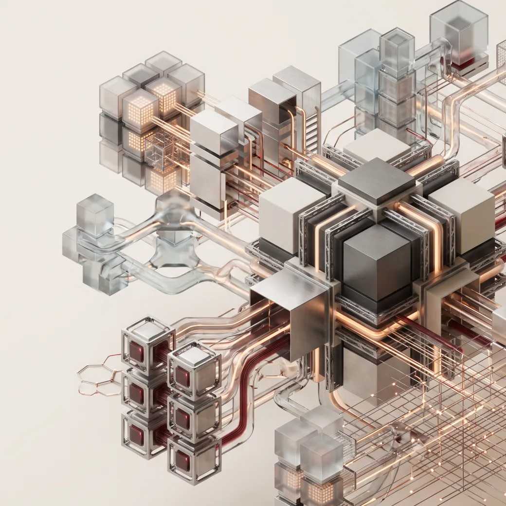 A render of glass and metal modules joined by glowing circuit paths.
