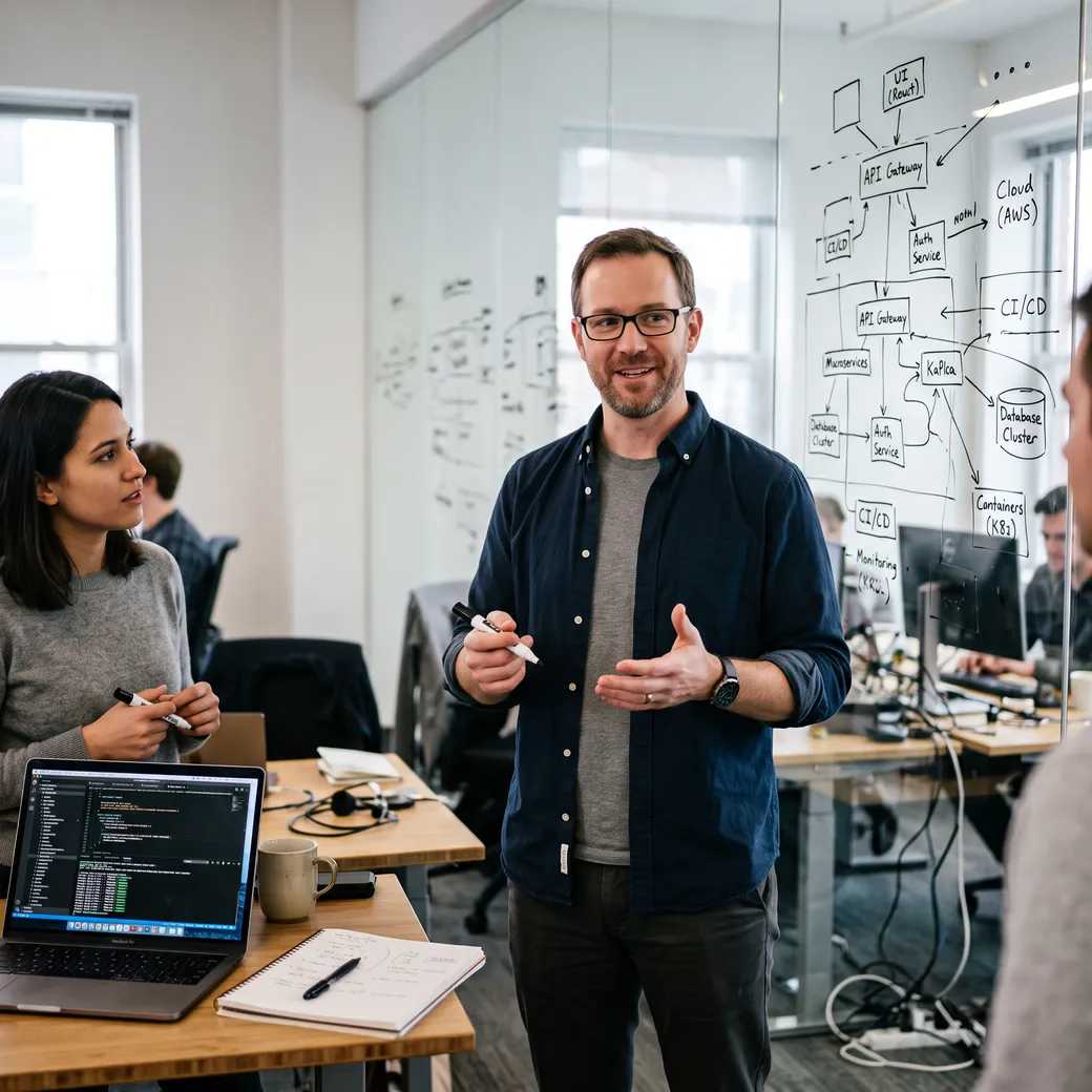 Two RBT engineers discussing a system architecture drawn on a glass whiteboard.