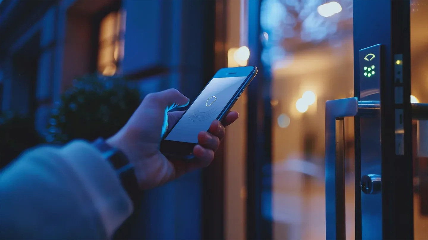 A close-up shot of an individual's hand holding their smartphone, with the screen glowing and showing an app interface for a keyless entry system at the front door of a modern luxury apartment building.